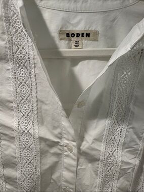 Boden White Lace-Trim Cotton Button Shirt